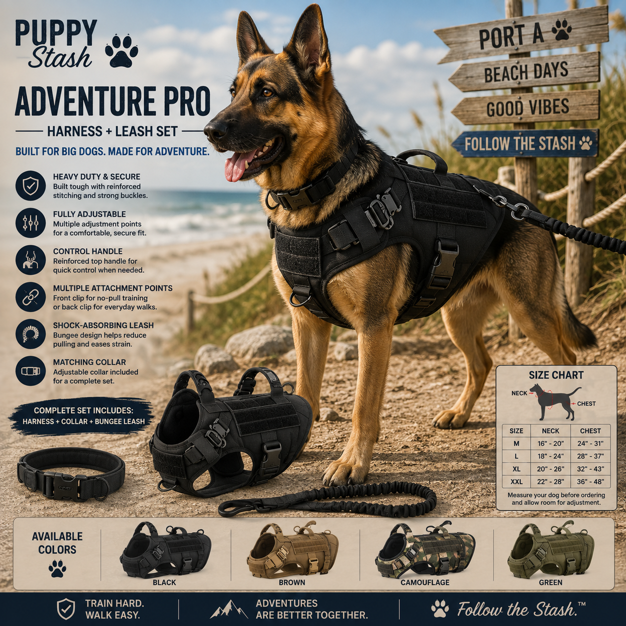 Puppy Stash Adventure Pro Harness + Leash Set