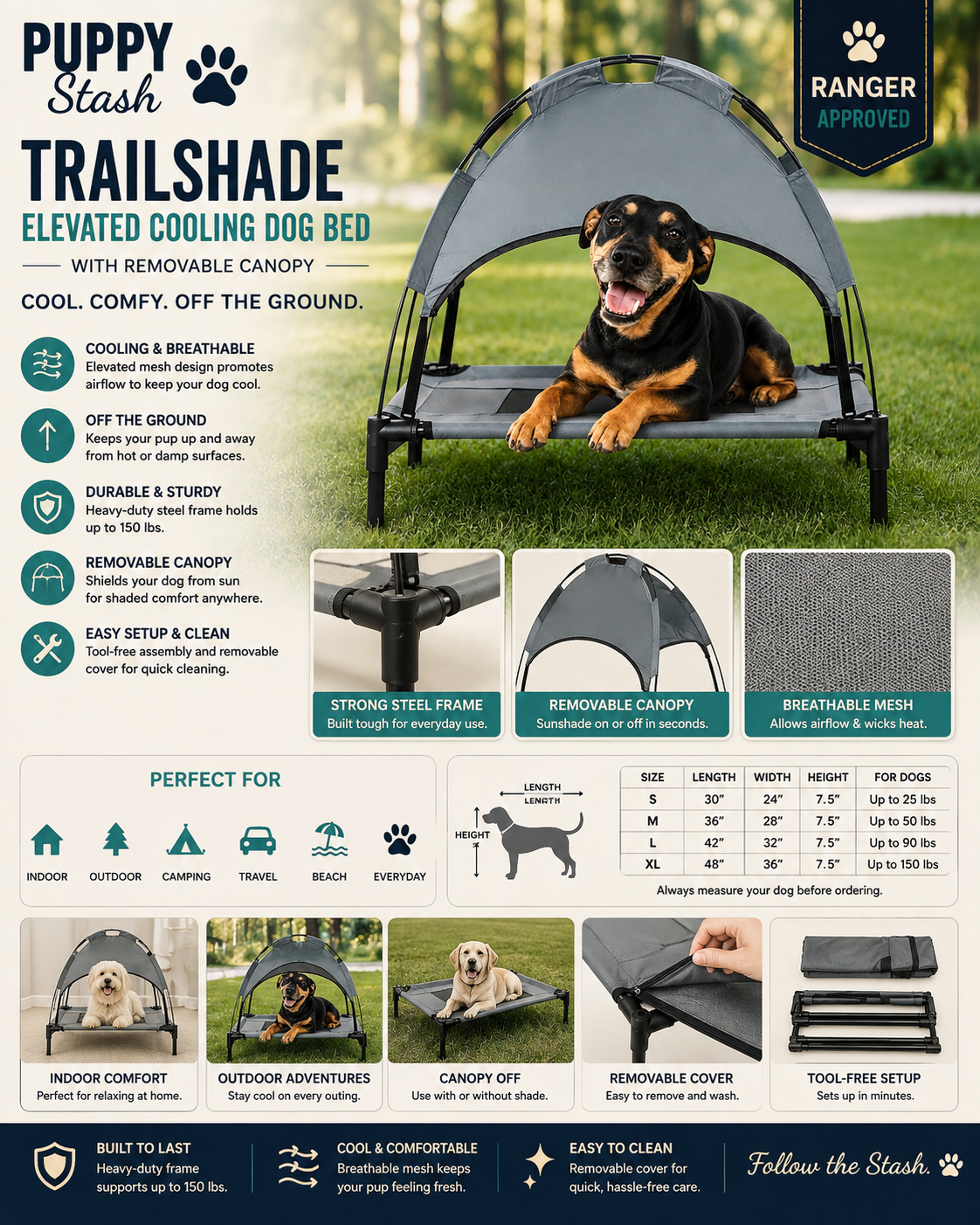 TrailShade Elevated Cooling Dog Bed with Removable Canopy