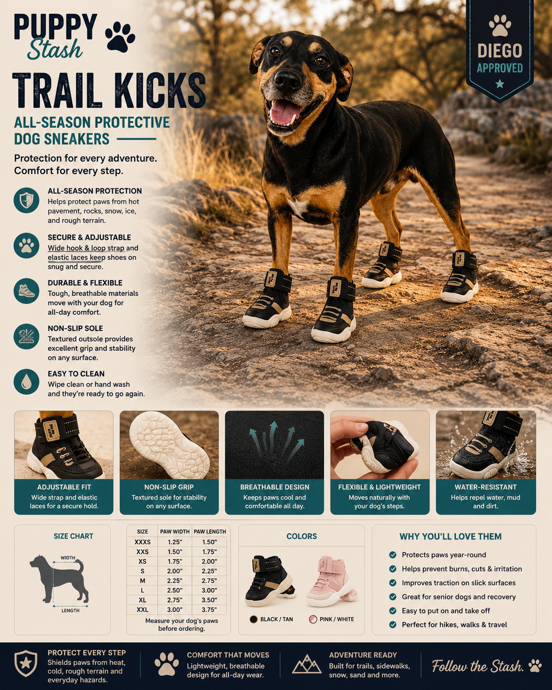 Puppy Stash Trail Kicks

All-Season Protective Dog Sneakers