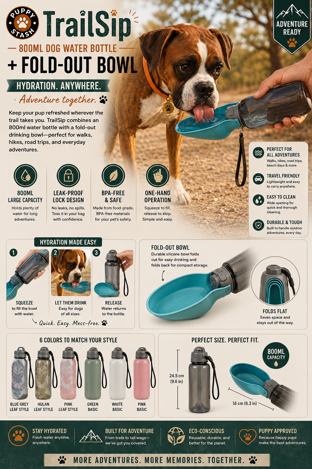 TrailSip 800ml Dog Water Bottle + Fold-Out Bowl