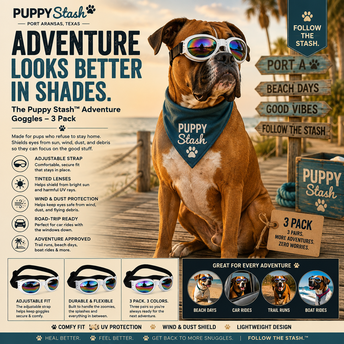 Puppy Stash Adventure Goggles 3-pack for dogs