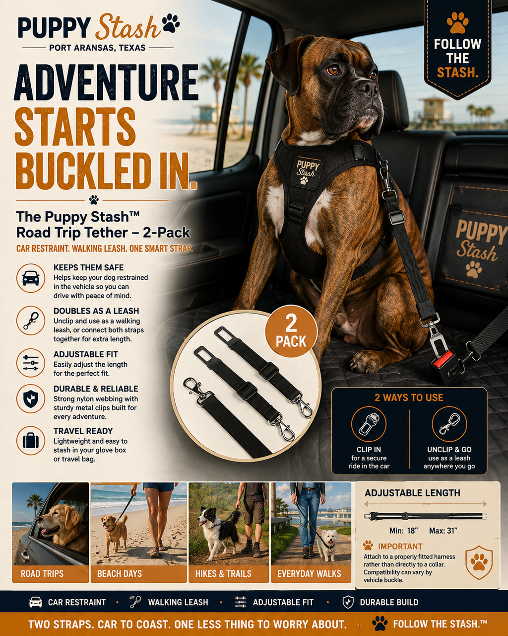 Puppy Stash Road Trip dog tether 2-pack