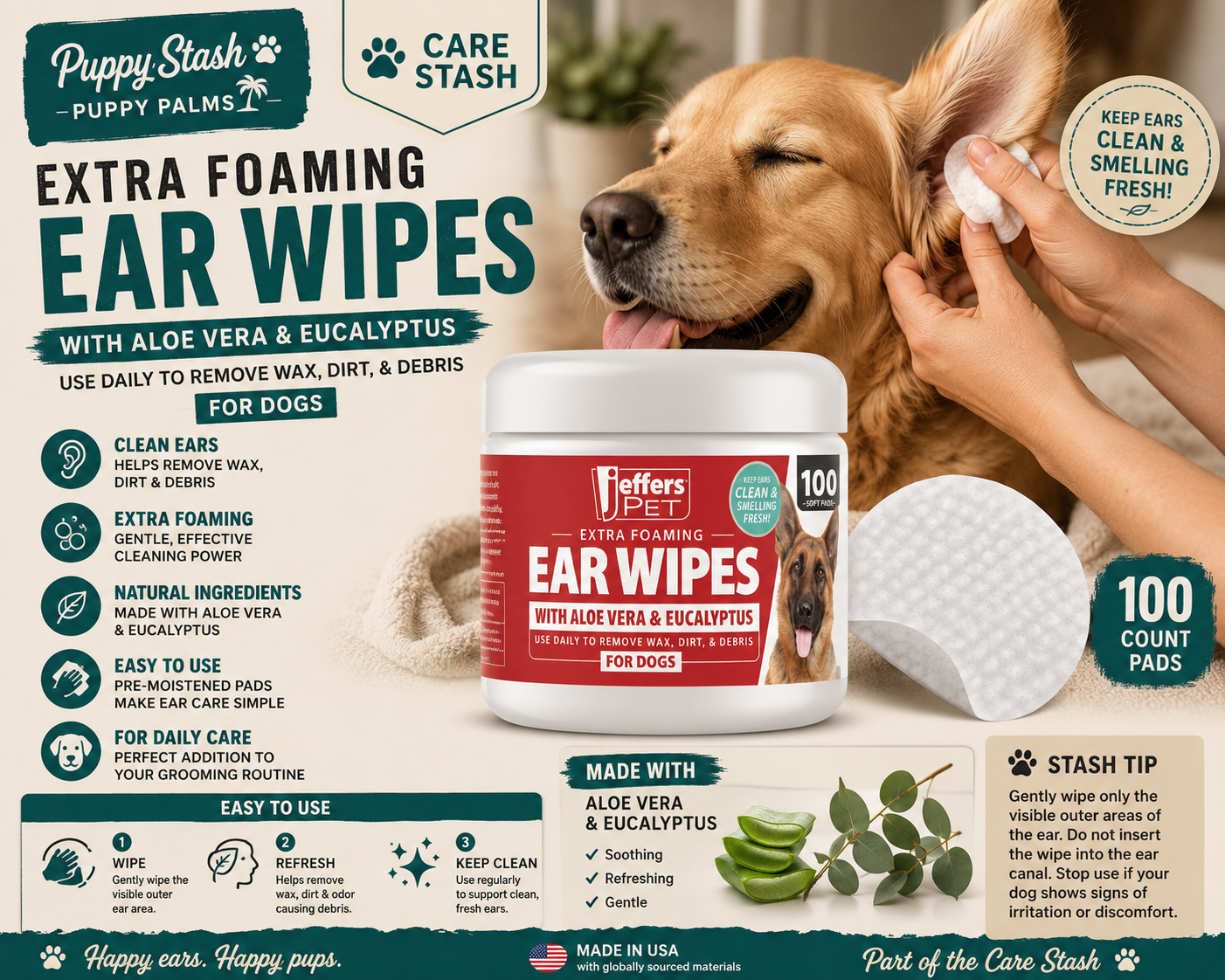 Jeffers dog ear cleaning wipes 100 count
