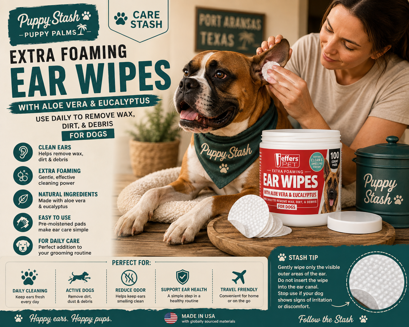 Jeffers Extra Foaming Ear Wipes — Daily Dog Ear Cleaning Pads (100 Count)
