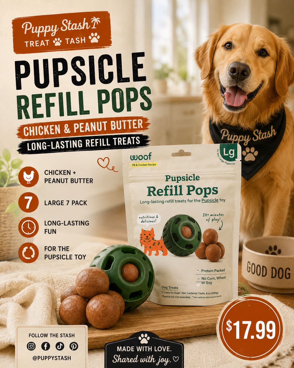 Woof Pupsicle Refill Pops — Chicken & Peanut Butter, Large 7-Pack (8 oz)