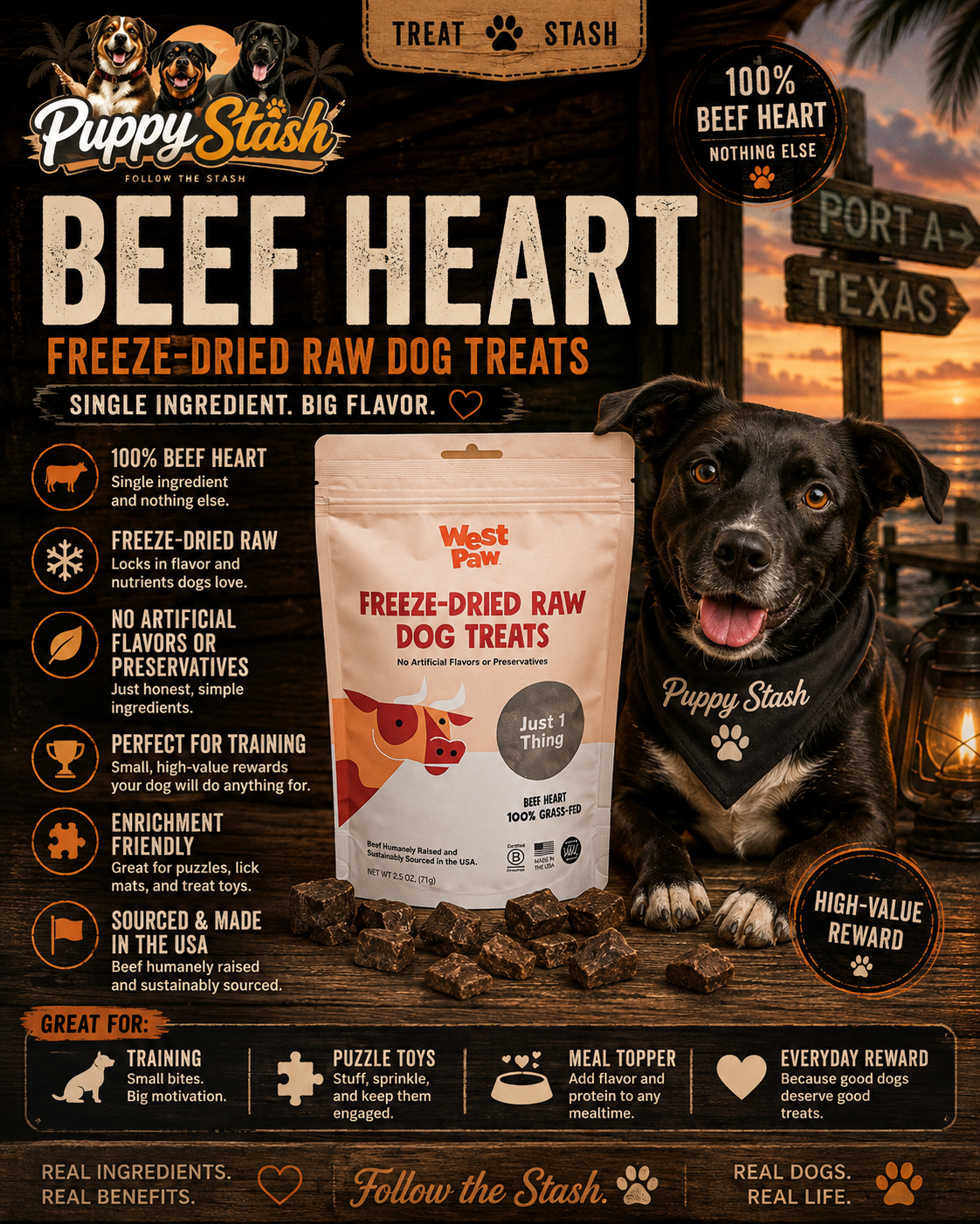 West Paw freeze-dried beef heart dog treats