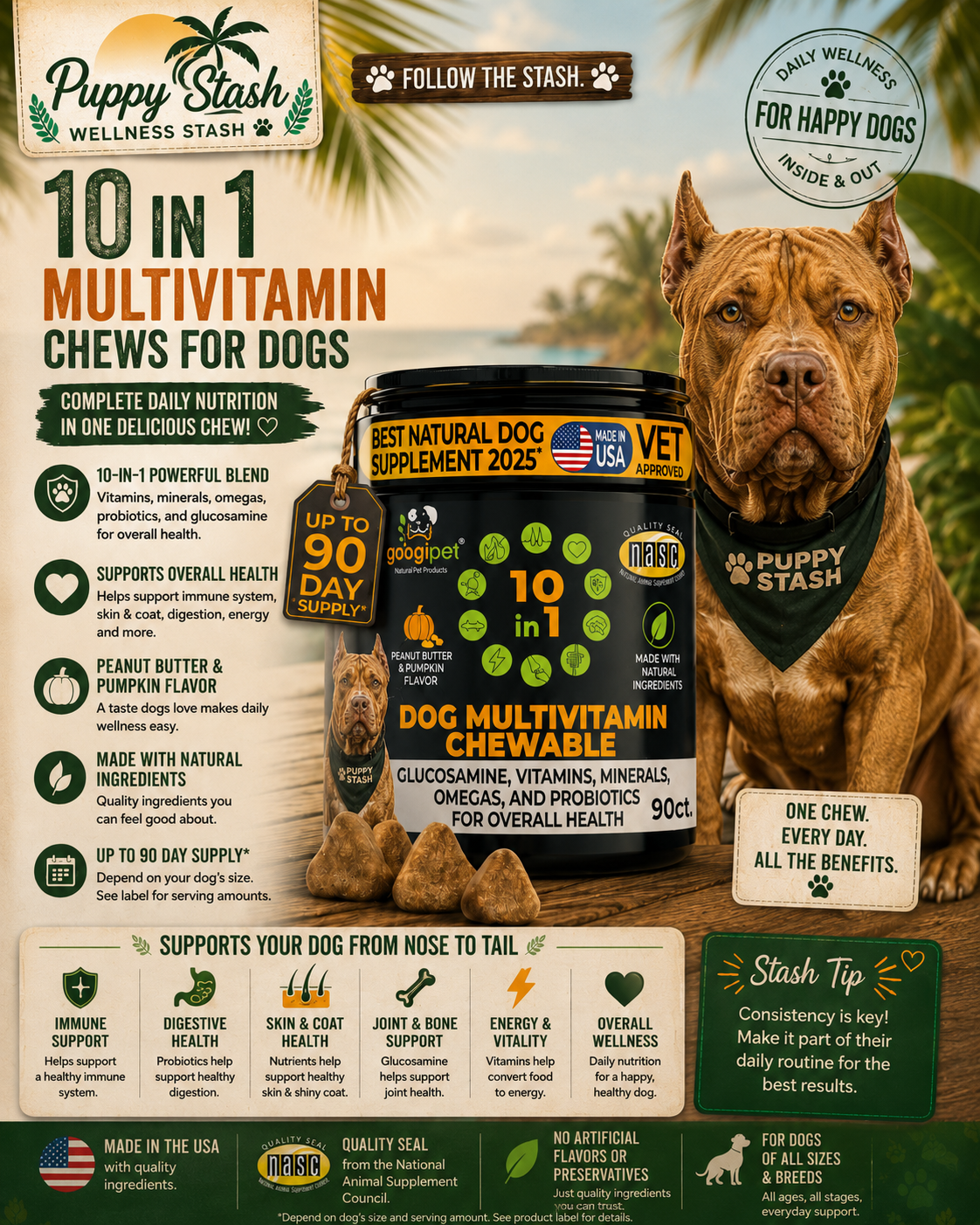 Googipet 10-in-1 Dog Multivitamin Chews — Peanut Butter & Pumpkin, 90 Count