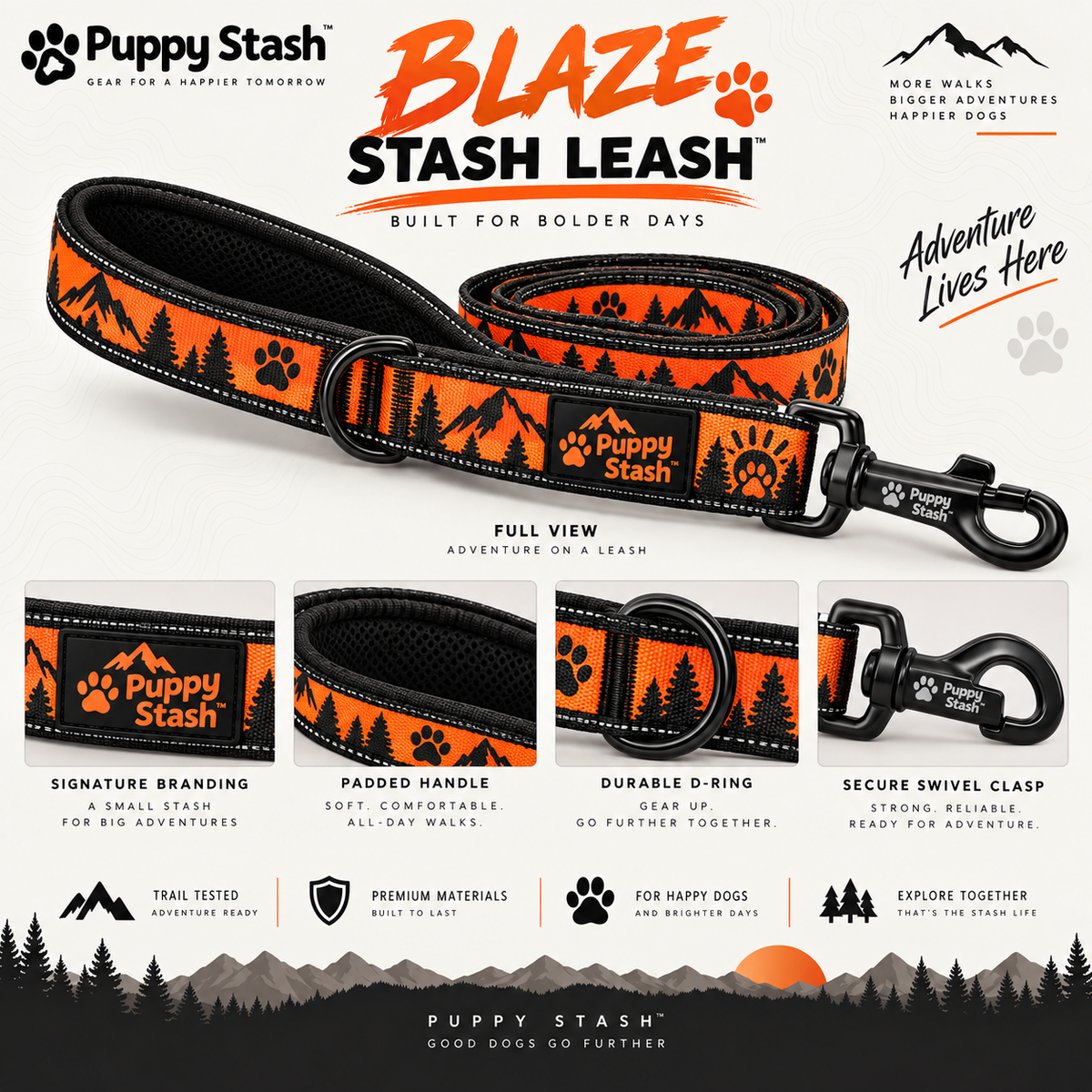 Blaze Stash Leash design board with product and hardware details