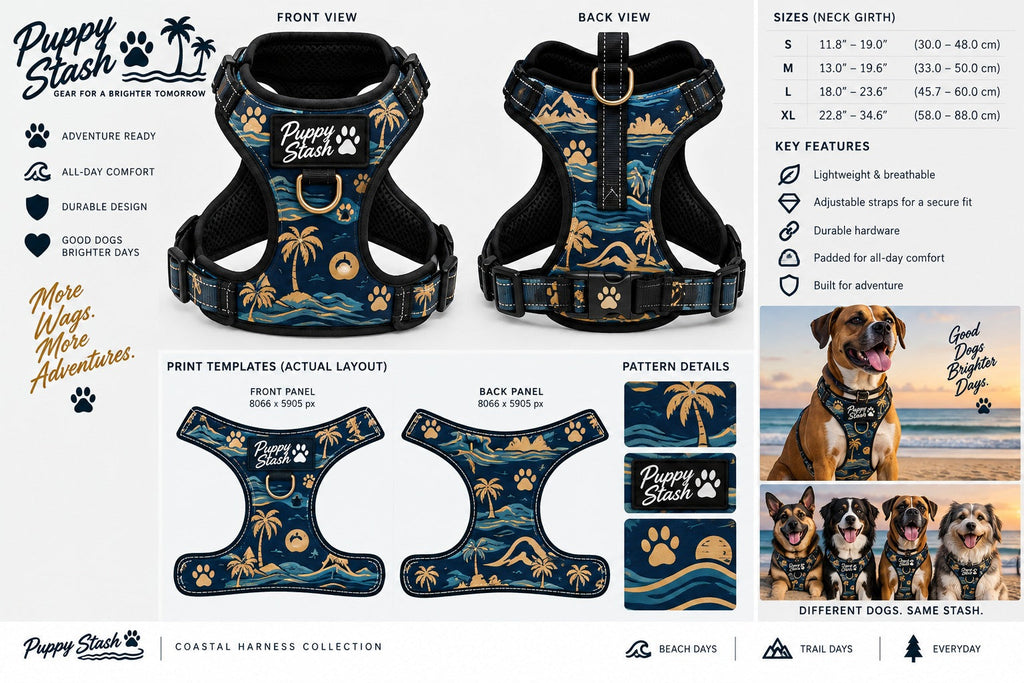 Coastal Stash Harness full design board with sizing and features