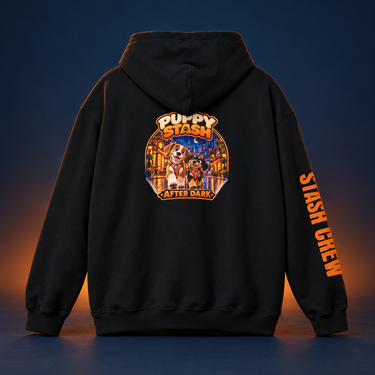 Back of black Puppy Stash After Dark hoodie with city puppy artwork and orange Stash Crew sleeve