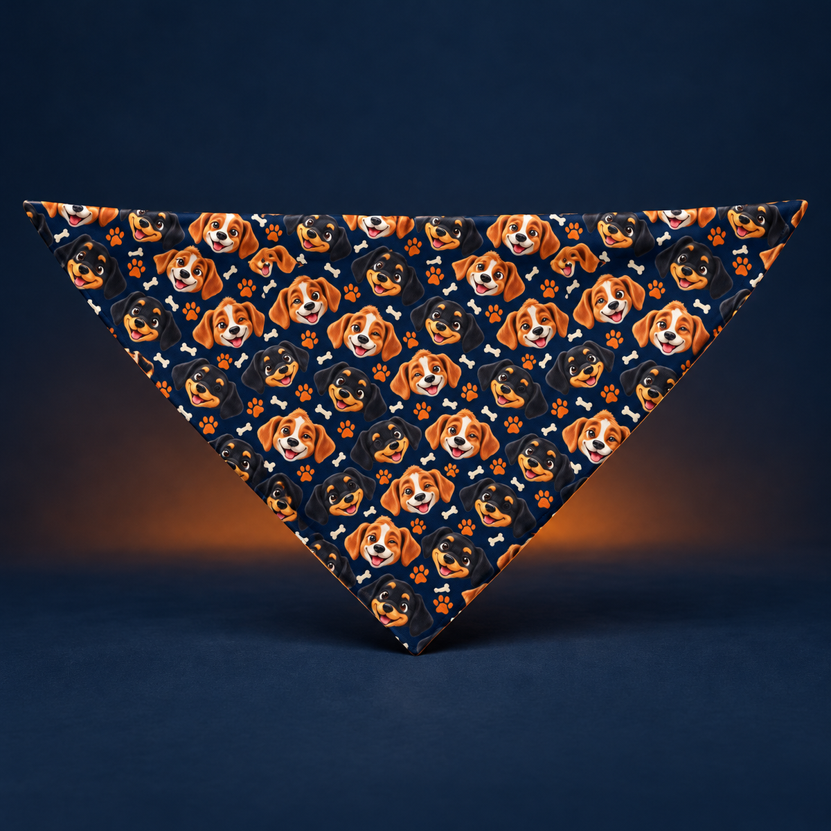 Navy triangular Puppy Stash dog bandana with puppy faces orange paws and cream bones