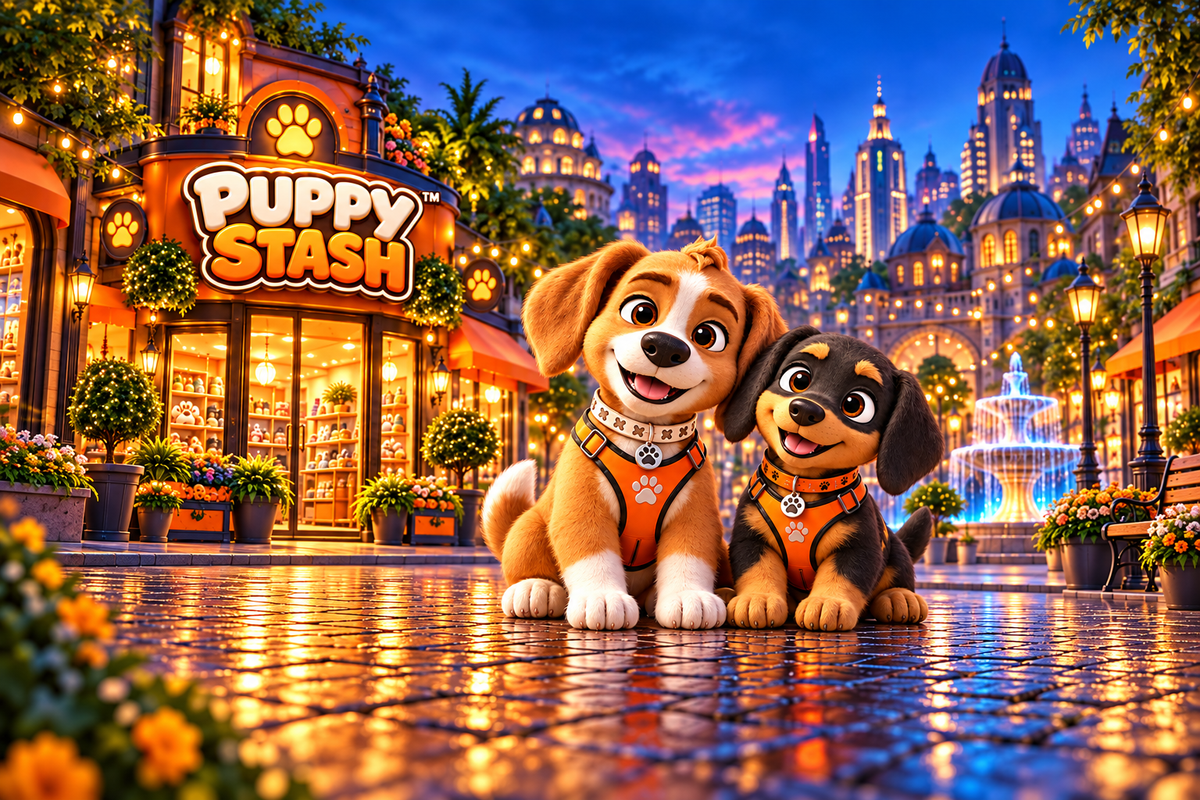 Crunchy and Munchy beside the complete Puppy Stash shop sign in Puppy Stash City