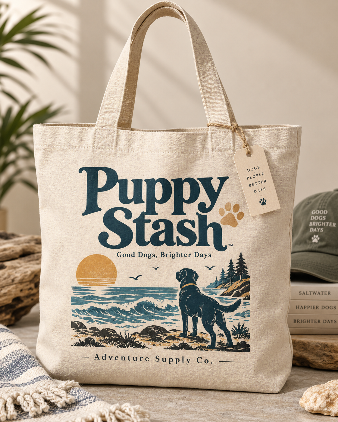 Puppy Stash Coastal Adventure Tote natural canvas concept