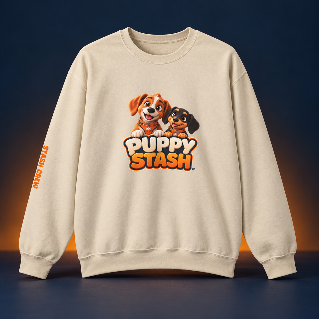 Cream Puppy Stash crewneck with Crunchy and Munchy front graphic and orange Stash Crew sleeve