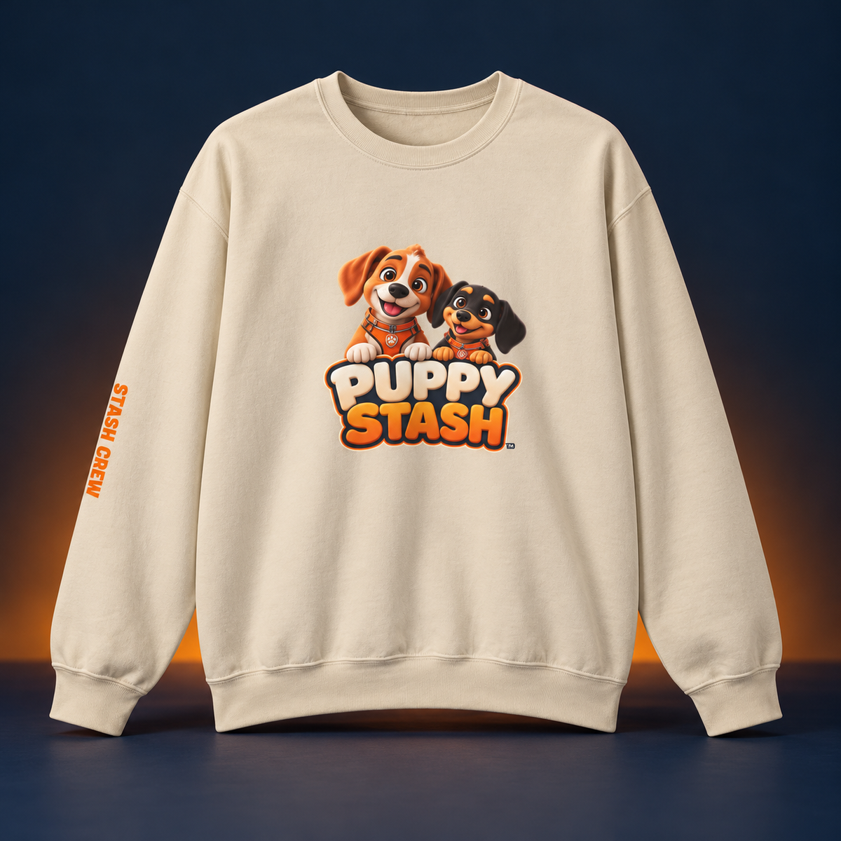 Cream Puppy Stash crewneck with Crunchy and Munchy front graphic and orange Stash Crew sleeve