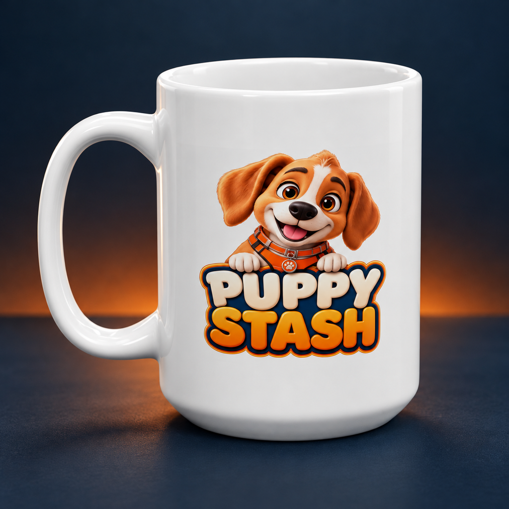 White Puppy Stash ceramic mug showing the brown and white puppy logo