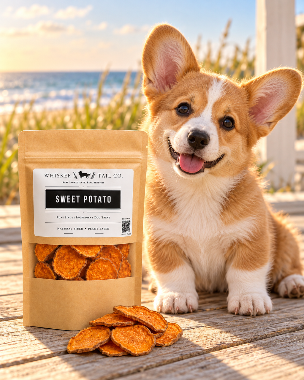 Whisker & Tail Co. sweet potato chips pouch beside a corgi puppy on a sunny beach deck