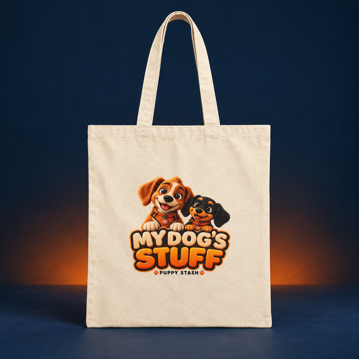 Natural canvas My Dog’s Stuff tote with Crunchy and Munchy puppy graphic