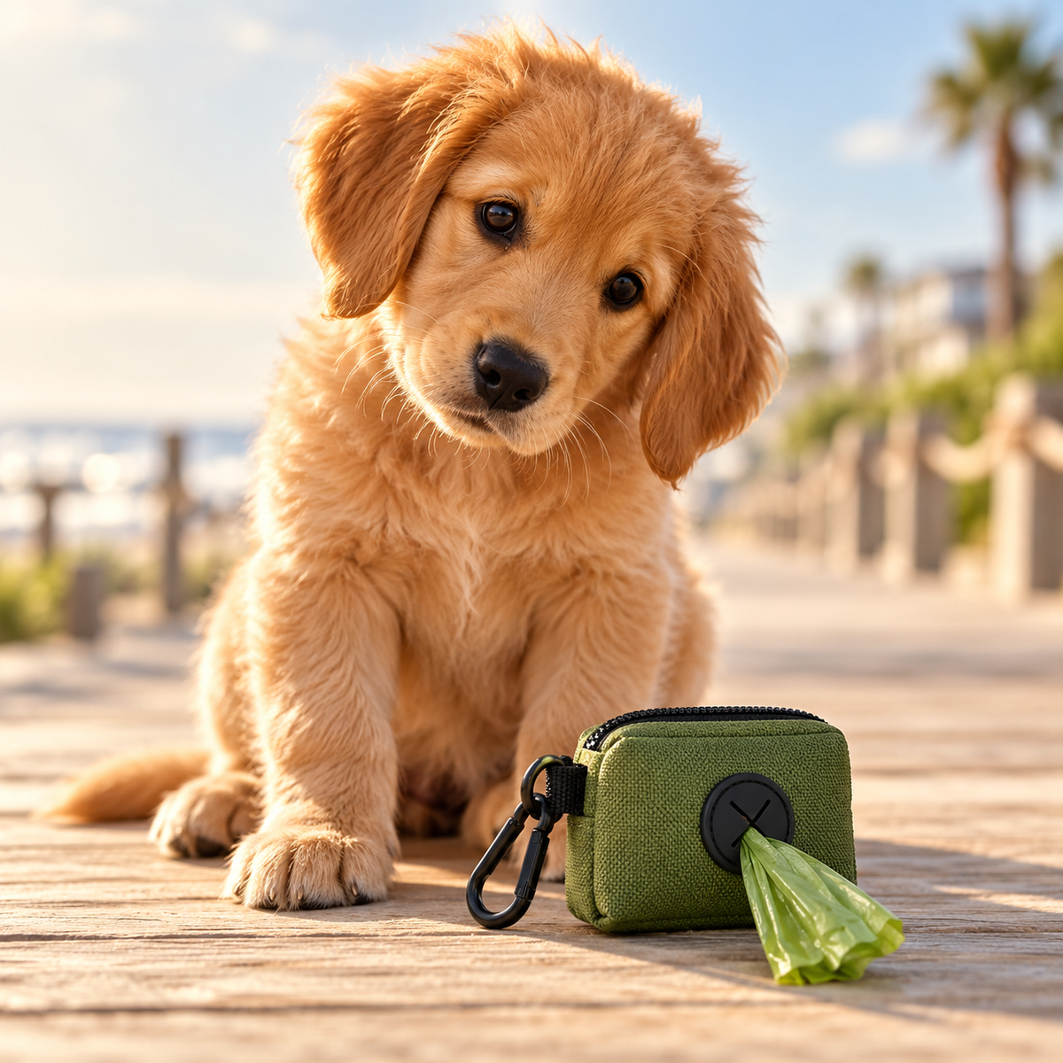 Golden retriever puppy beside an olive green Puppy Stash Trail Bag Dispenser