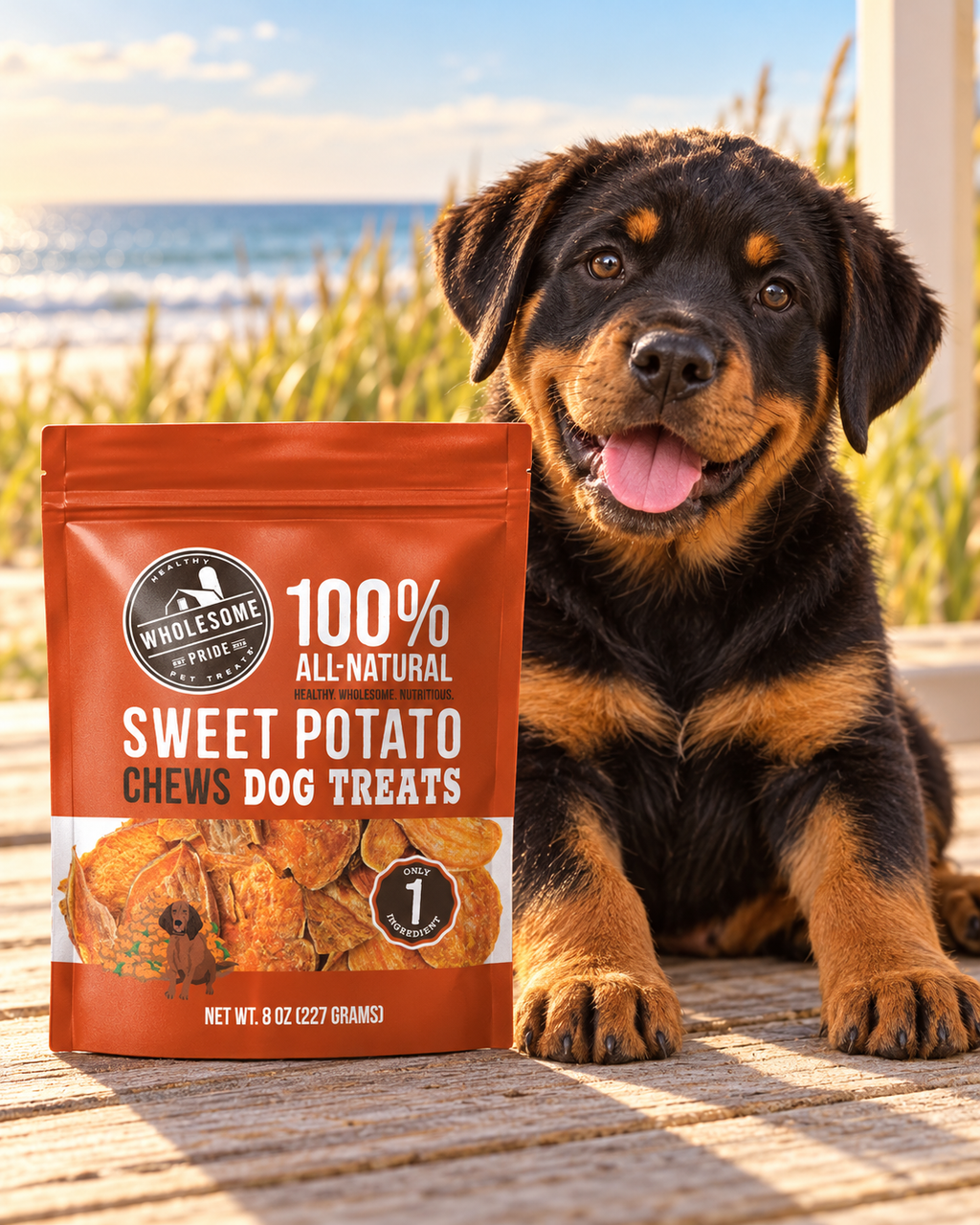 Wholesome Pride sweet potato chews 8 oz pouch beside a Rottweiler puppy on a sunny beach deck