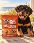 Wholesome Pride sweet potato chews 8 oz pouch beside a Rottweiler puppy on a sunny beach deck