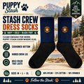Puppy Stash Stash Crew Dress Socks navy and gold product infographic