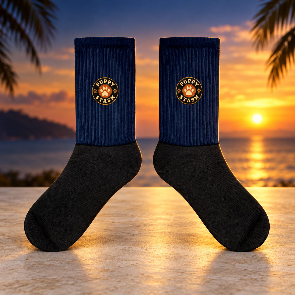 Stash Crew navy and black dress socks with Puppy Stash logo at sunset