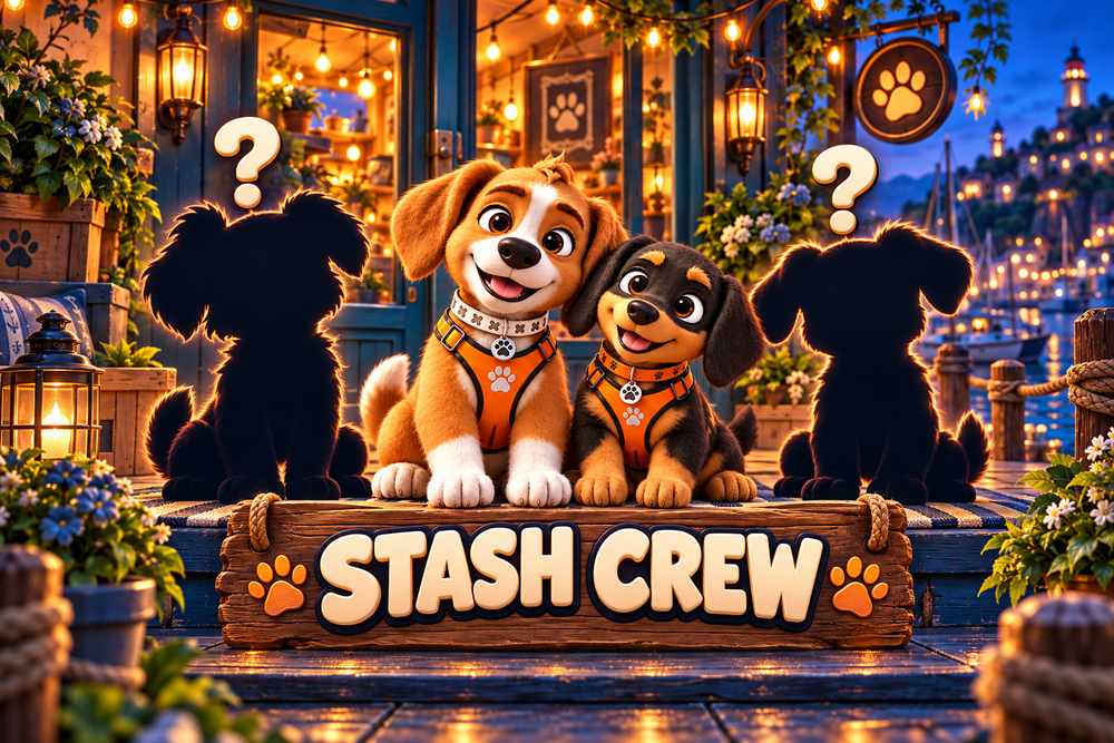 Crunchy and Munchy with two mystery puppy silhouettes and a Stash Crew sign