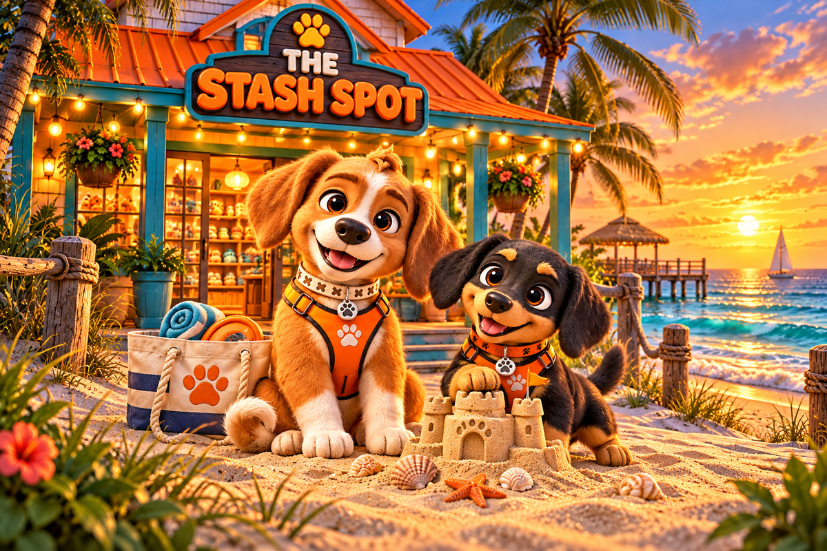 Crunchy and Munchy at an imagined Stash Spot beach shop at sunset